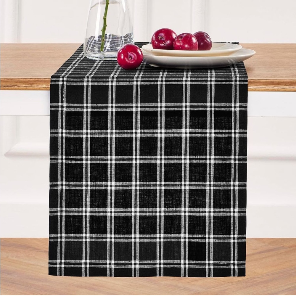 Home Linen Table Runner 14x90 Marseille Plaid Black NEW
